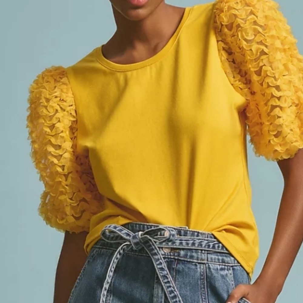 Anthropologie Yellow Lace Puff Tee